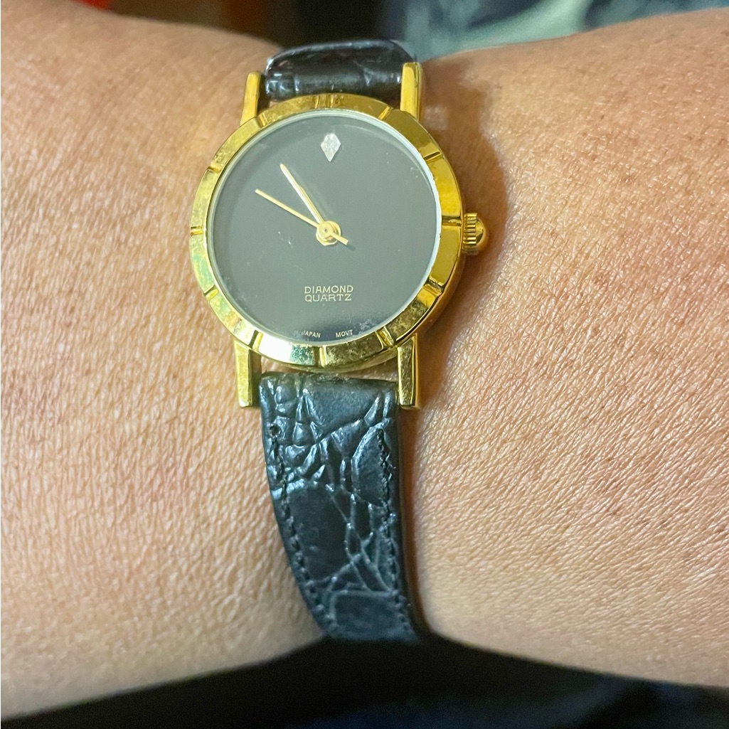 Diamond Quartz Gold Tone Watch With Black Leather Band Genuine Diamond 8 Inch